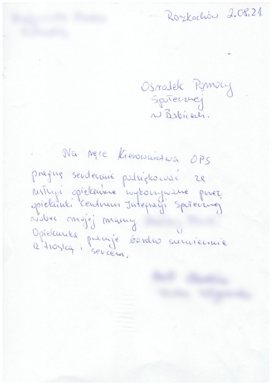 list z podziękowaniami dla CIS w Babicach